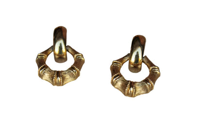 Gold Tone Faux Bamboo Pierced Drop Earrings with Smooth Gold Hinged Detail