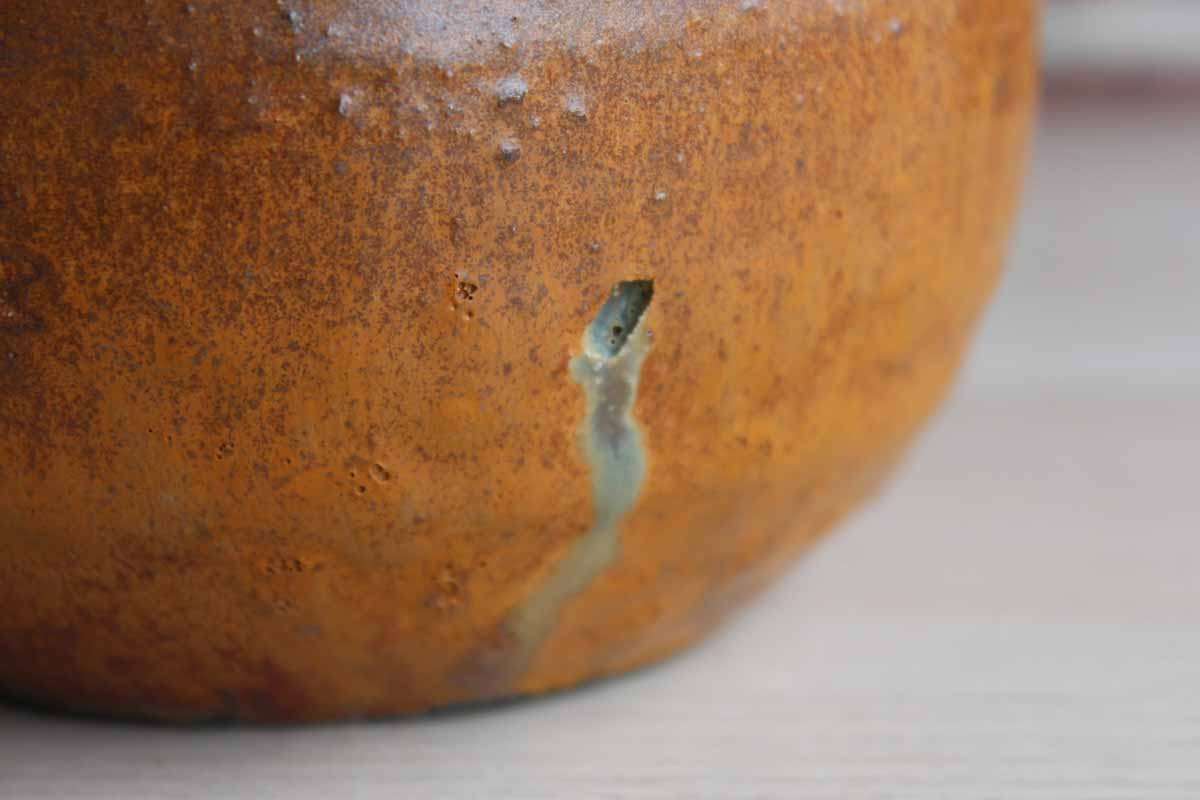 Primitive Old Stoneware Bowl with Dark Gold and Off-White Glazes