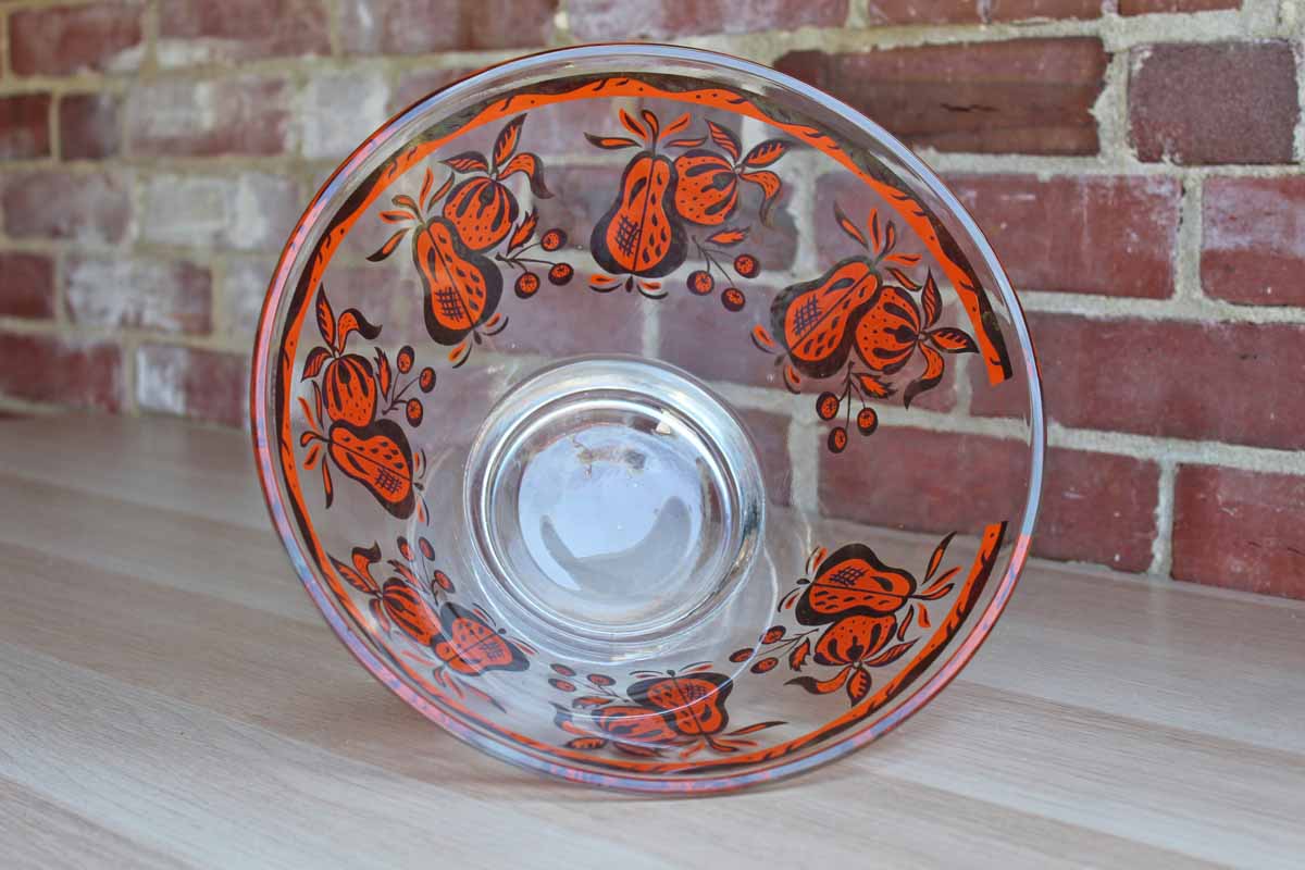 Large Glass Serving Bowl Decorated with Gold and Orange Fruit