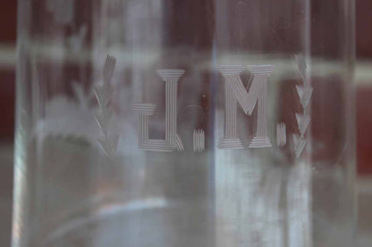 Clear Glass Pedestal Container with Etched Birds and Flowers and the Initials "J.M."