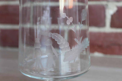 Clear Glass Pedestal Container with Etched Birds and Flowers and the Initials "J.M."
