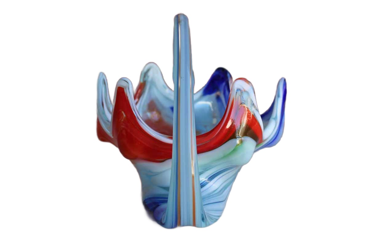Colorful Blue, Orange and White Handled Art Glass Bowl