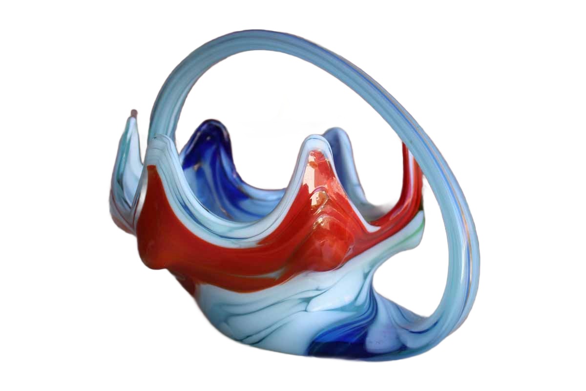 Colorful Blue, Orange and White Handled Art Glass Bowl