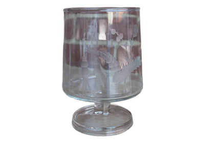 Clear Glass Pedestal Container with Etched Birds and Flowers and the Initials "J.M."