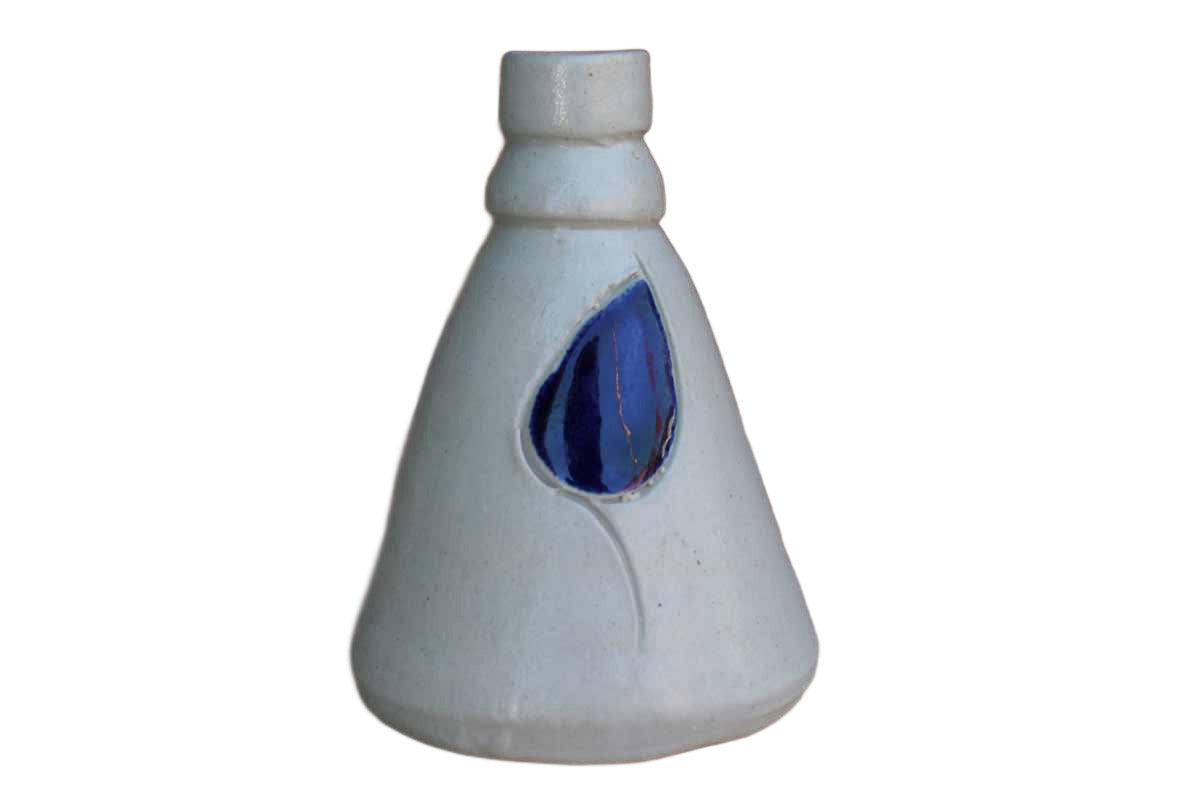 Williamsburg Pottery (Virginia, USA) Salt Glazed Stoneware Bud Vase with Primitive Blue Leaf