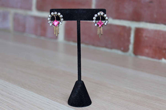 Art Deco-Style Pierced Earrings with Pink Rhinestone Surrounded by a Halo of Silver Rhinestones and 3 gold Posts Dropped from the Base