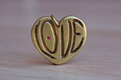 Brass "Love" Charm with Little Red Inset Rhinestone