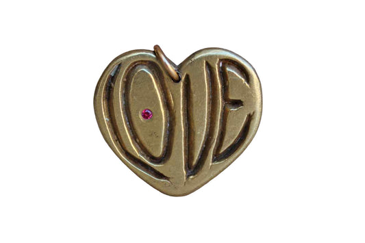 Brass "Love" Charm with Little Red Inset Rhinestone