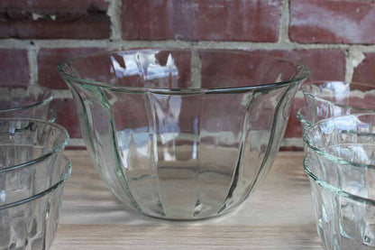Large Heavy Clear Glass Salad Bowls with Paneled Sides and Gently Flared Rims, Set of 9