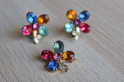 Colorful Cut Glass Cabochon Flower Shaped Non-Pierced Earrings and Brooch