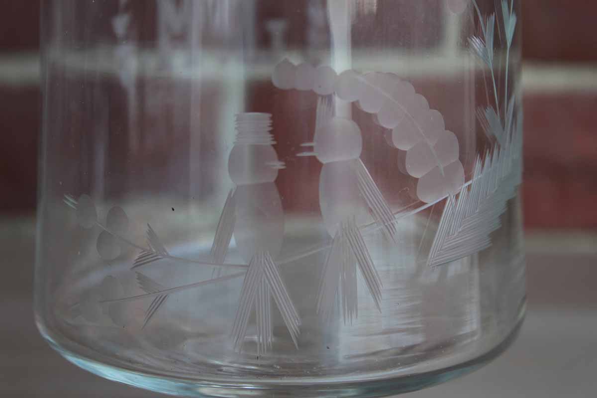Clear Glass Pedestal Container with Etched Birds and Flowers and the Initials "J.M."