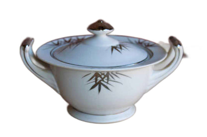Kutani China (Japan) Sugar Bowl with Hand Painted Silver and White Bamboo and Mountain Scene