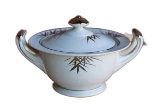 Kutani China (Japan) Sugar Bowl with Hand Painted Silver and White Bamboo and Mountain Scene