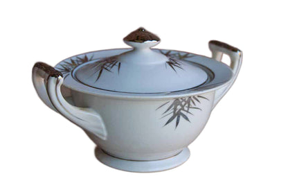 Kutani China (Japan) Sugar Bowl with Hand Painted Silver and White Bamboo and Mountain Scene