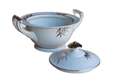 Kutani China (Japan) Sugar Bowl with Hand Painted Silver and White Bamboo and Mountain Scene