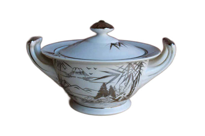 Kutani China (Japan) Sugar Bowl with Hand Painted Silver and White Bamboo and Mountain Scene