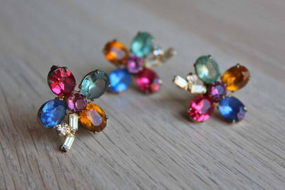 Colorful Cut Glass Cabochon Flower Shaped Non-Pierced Earrings and Brooch
