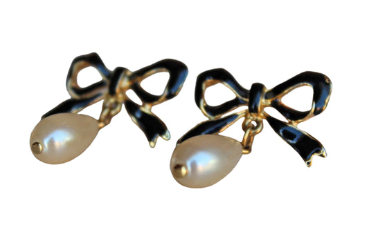 Blue Enameled Bow with Dropped Faux-Pearl Pierced Earrings