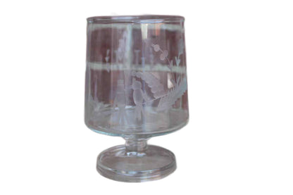 Clear Glass Pedestal Container with Etched Birds and Flowers and the Initials "J.M."