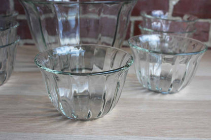 Large Heavy Clear Glass Salad Bowls with Paneled Sides and Gently Flared Rims, Set of 9