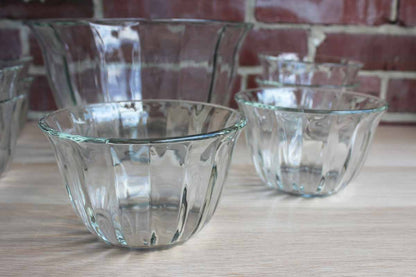 Large Heavy Clear Glass Salad Bowls with Paneled Sides and Gently Flared Rims, Set of 9