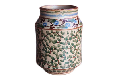 Ceramic Pencil Cup Decorated with Hand-Painted Scrolling Vines and Blue Bird Inside a Cameo