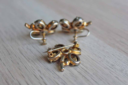 Colorful Cut Glass Cabochon Flower Shaped Non-Pierced Earrings and Brooch