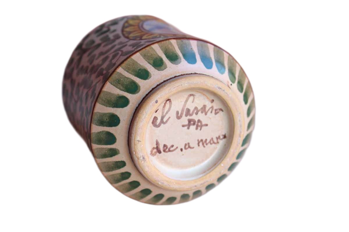 Ceramic Pencil Cup Decorated with Hand-Painted Scrolling Vines and Blue Bird Inside a Cameo