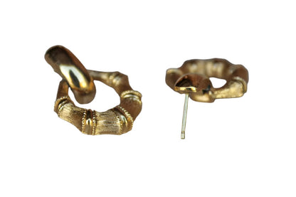 Gold Tone Faux Bamboo Pierced Drop Earrings with Smooth Gold Hinged Detail
