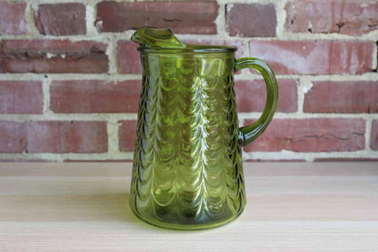 Avocado Green Glass Drink Pitcher with Ice Lip and Swag Detailing