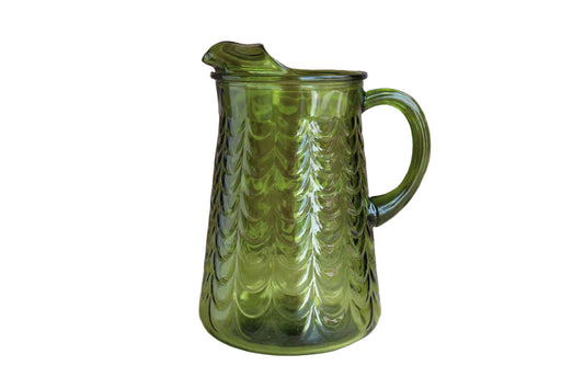 Avocado Green Glass Drink Pitcher with Ice Lip and Swag Detailing