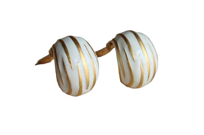 White Enameled Non-Pierced Earrings with Gold Painted Stripe Detailing