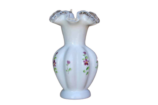 Fenton Art Glass (West Virginia, USA) Silver Crest Vase with Handpainted Purple Flowers