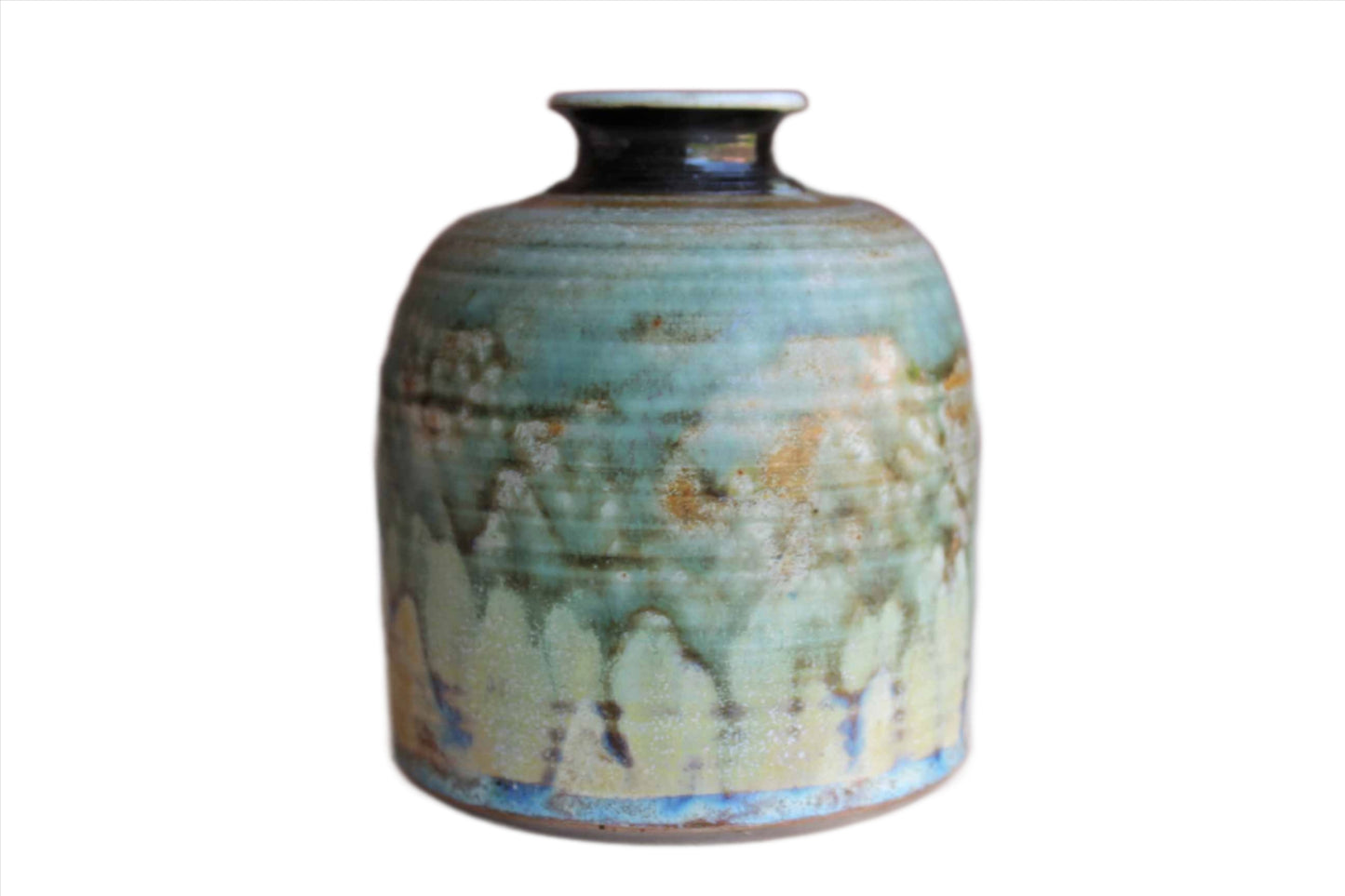 Handmade Stoneware Flower Vase with Blue, Green and Yellow Glazes