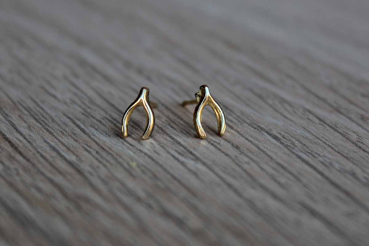 Tiny Gold Wishbone Pierced Earrings