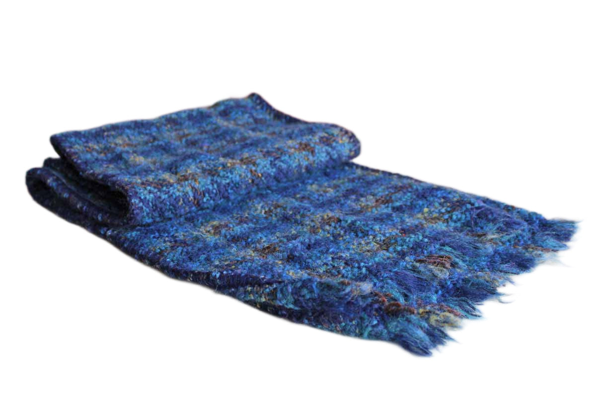 Long and Wide Blue and Tan Plaid 100% Wool Shawl