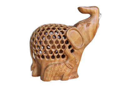 Hand Carved Indian Jali Openwork Mother Elephant With Baby Inside Kadam Wood Figurine