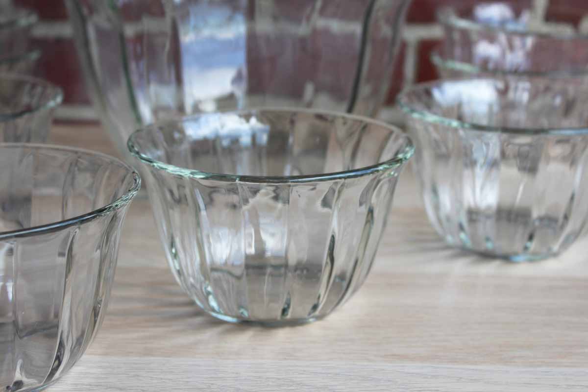 Large Heavy Clear Glass Salad Bowls with Paneled Sides and Gently Flared Rims, Set of 9