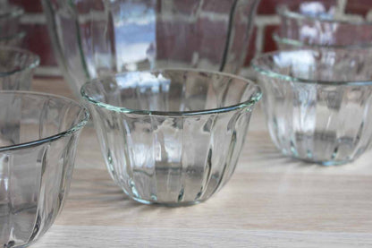 Large Heavy Clear Glass Salad Bowls with Paneled Sides and Gently Flared Rims, Set of 9