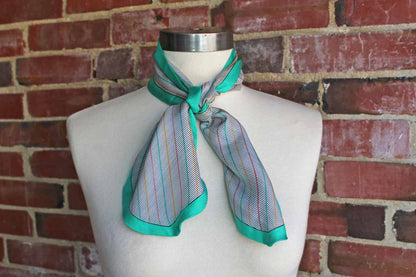Bill Blass (USA) Colorful Striped Silk Neckerchief with Teal Border