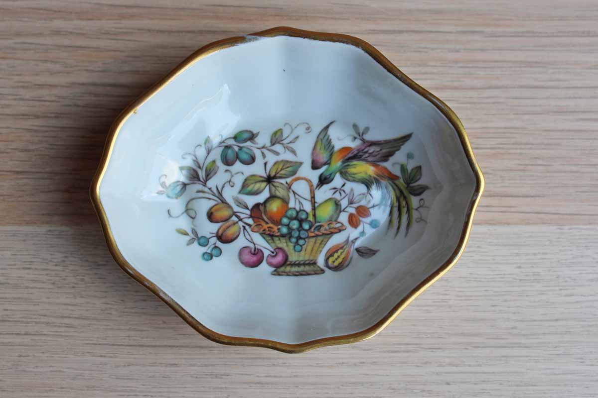 Limoges (France) Small Porcelain Dish with Bird and Basket of Fruit