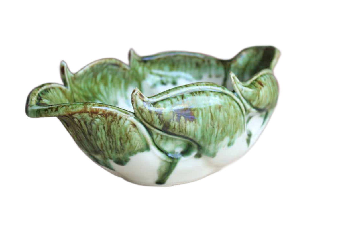 Flower Shaped Ceramic Planter with Green Glazed Rim