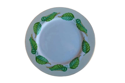 Dessert or Salad Plates with Green and Blue Painted Leaves, Set of 7