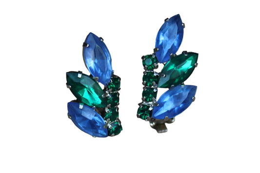 Blue and Green Marquis and Round Cut Rhinestone Non-Pierced Earrings