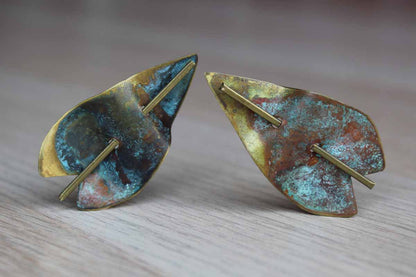Leaf-Shaped Handmade Copper Earrings with Verdigris Patina