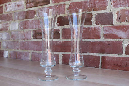 Clear Glass Pedestal Vases with Etched Flowers and Leaves, A Pair