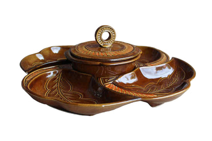 California Pottery (California, USA) Orange and Brown Glazed Lazy Susan Chip & Dip Server