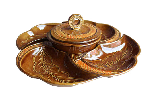 California Pottery (California, USA) Orange and Brown Glazed Lazy Susan Chip & Dip Server