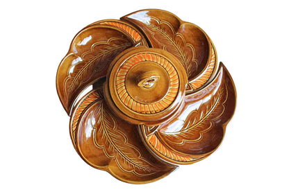California Pottery (California, USA) Orange and Brown Glazed Lazy Susan Chip & Dip Server