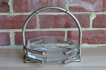 Octagonal Glass Bowl Set Within Silver Faux Bamboo Basket Frame